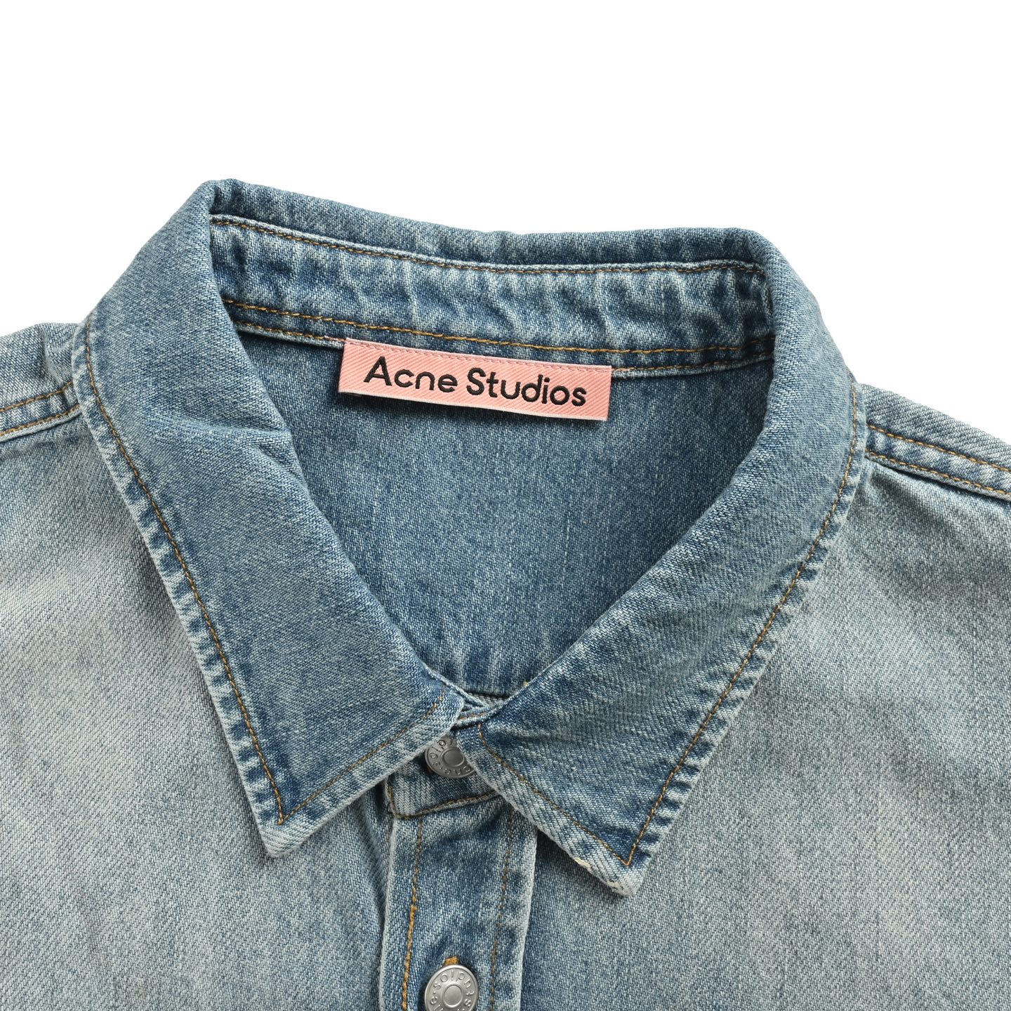 Ink-splashed button-down denim shirt