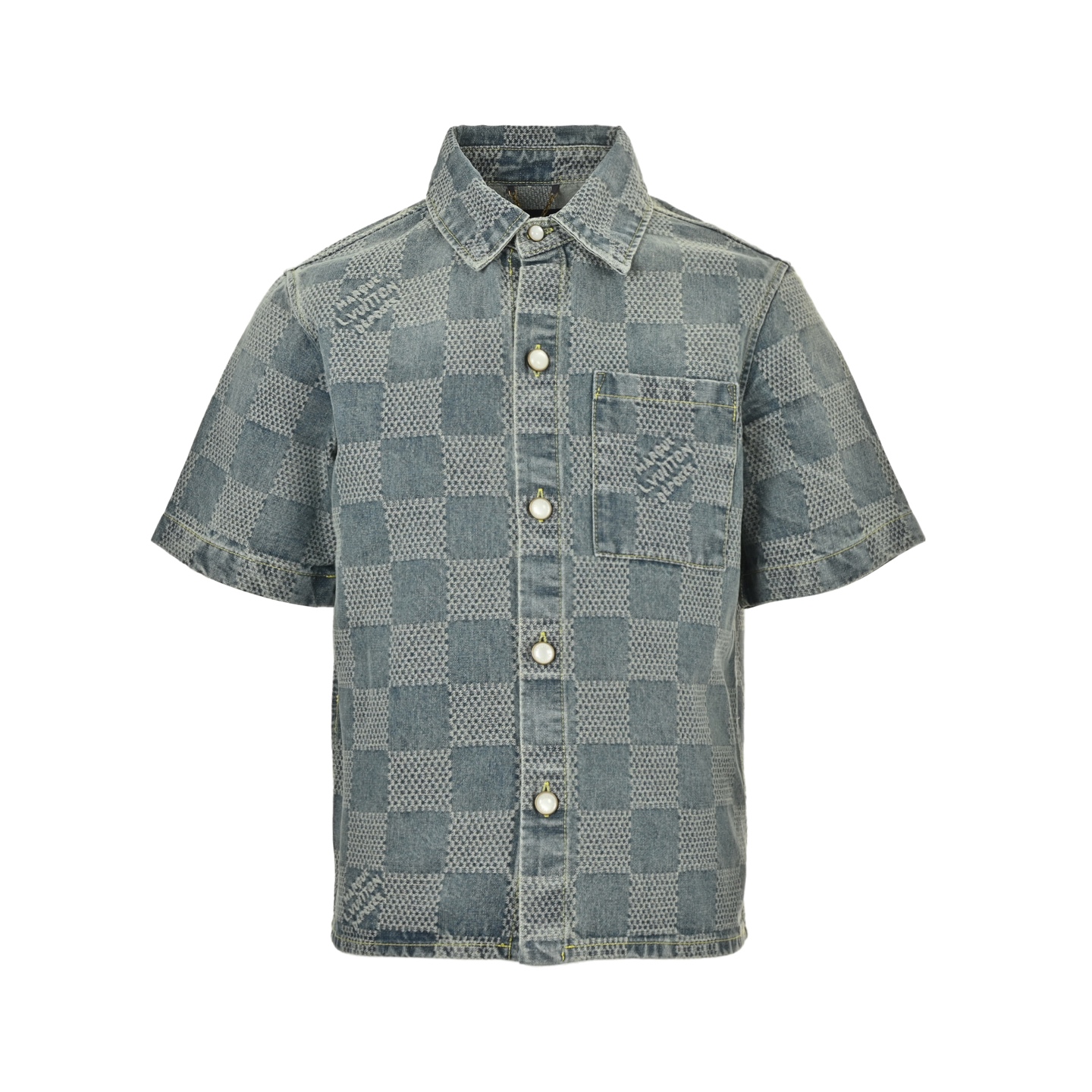Checkered denim short-sleeved shirt