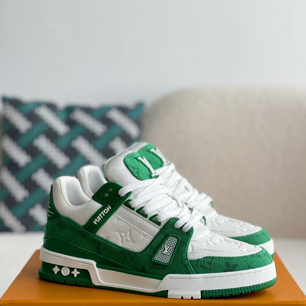 Green Monogram Denim White Sneakers