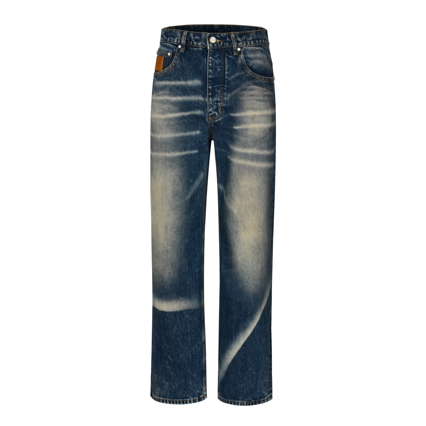 Abnormally faded leather label jeans