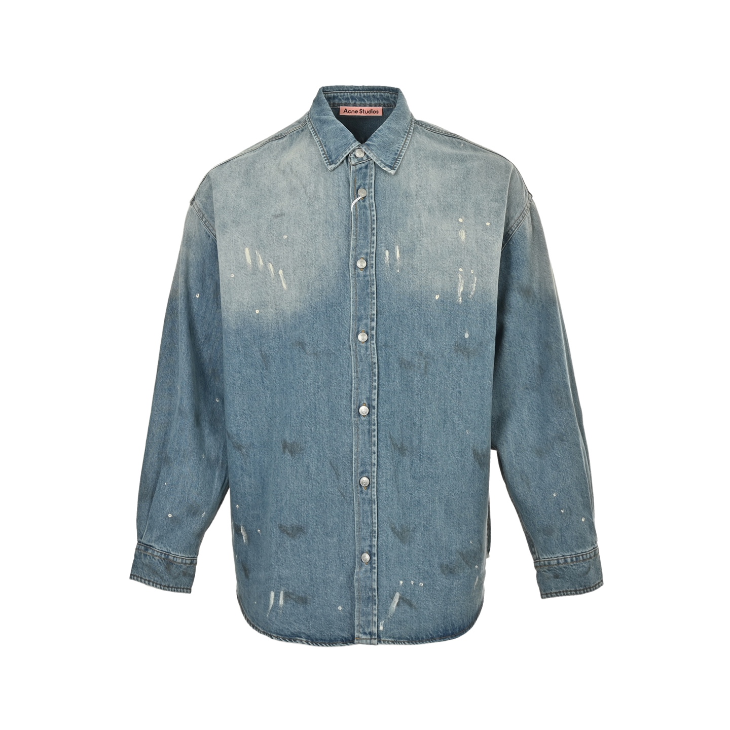 Ink-splashed button-down denim shirt