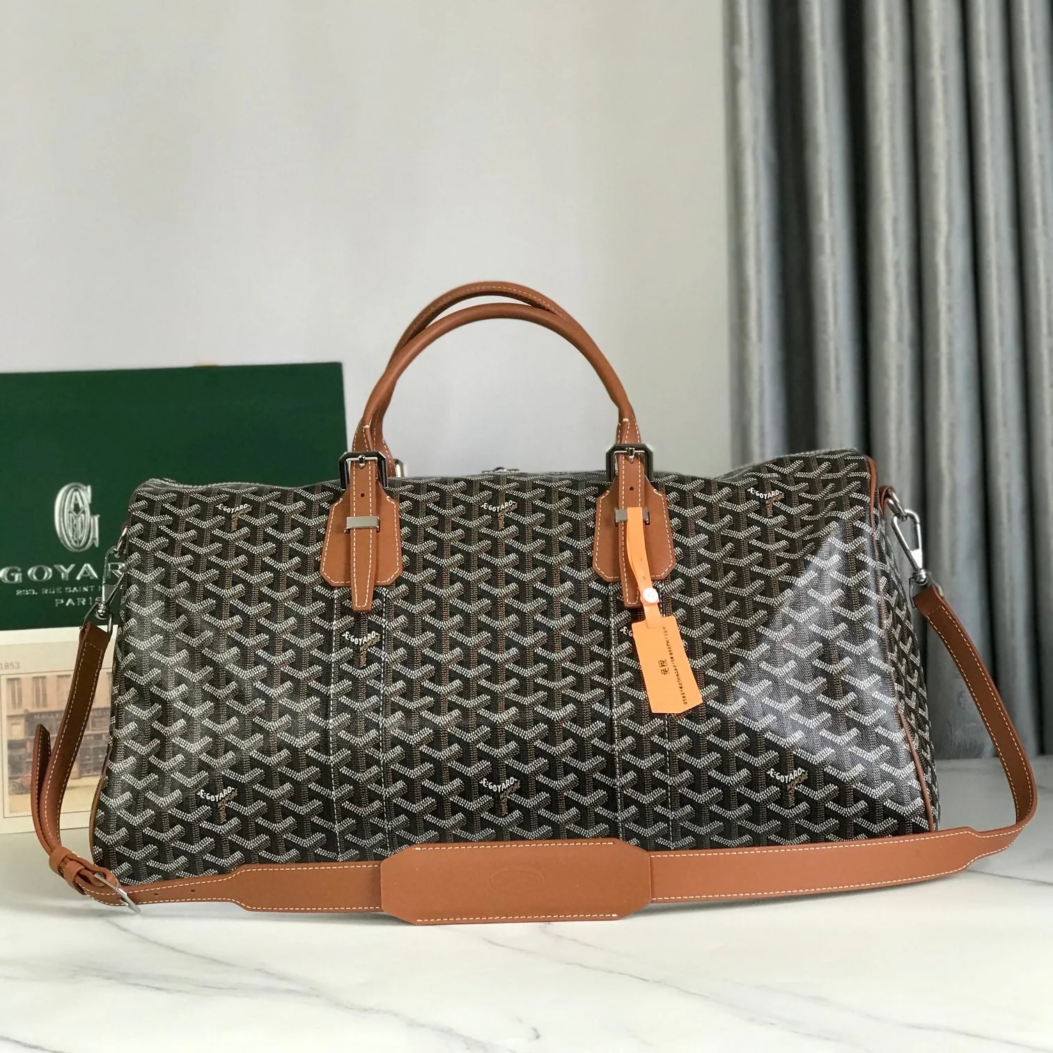 50 BAG IN BLACK CANVAS AND TAN CALFSKIN TRIM