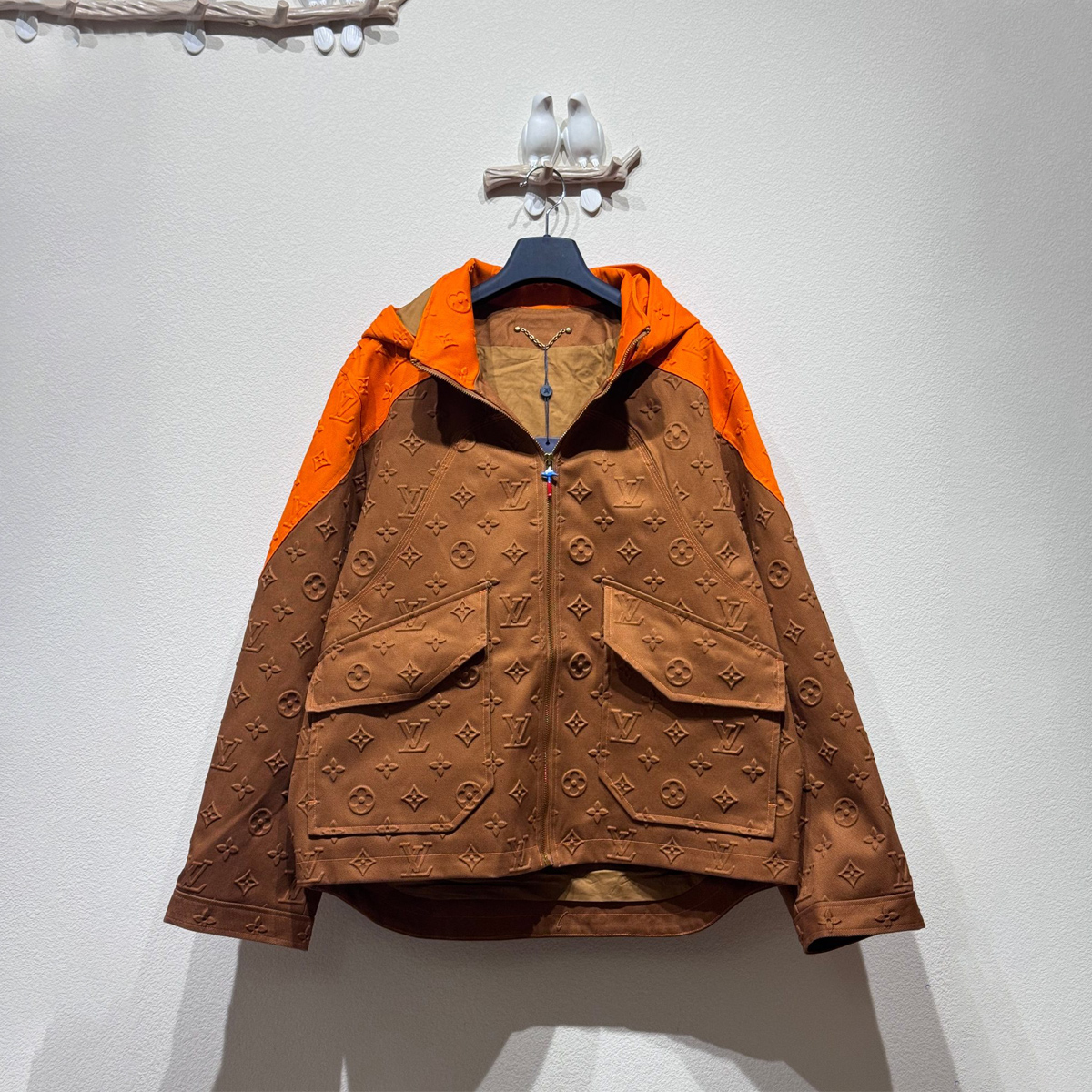 Orange Embossed Hooded Denim Jacket