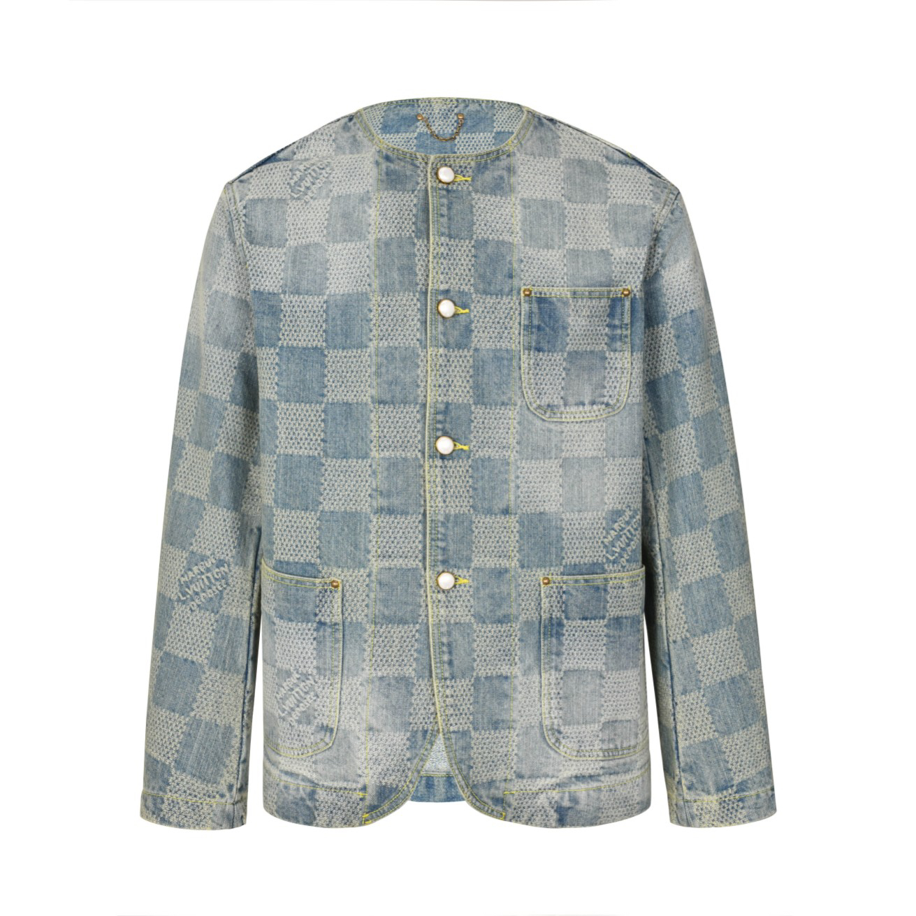 Checkerboard collarless denim jacket