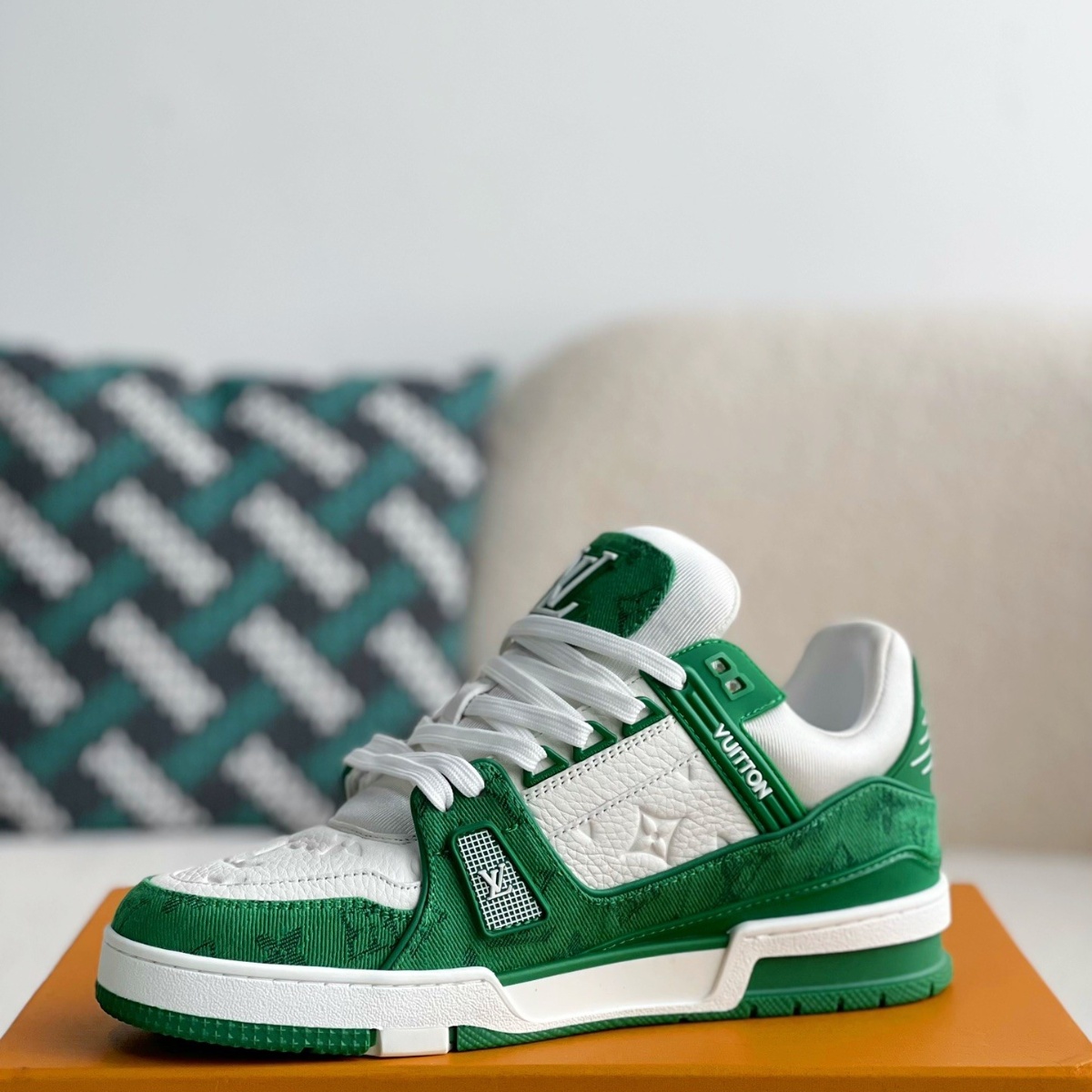 Green Monogram Denim White Sneakers