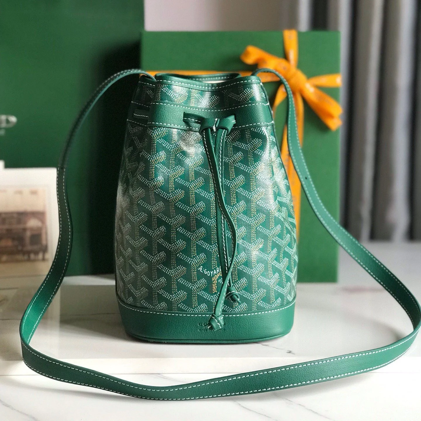 Green Lambskin Trim Bucket Bag