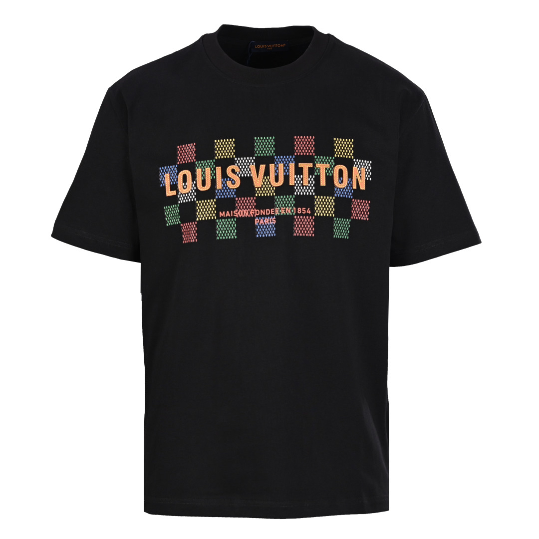 Colorful checkerboard lettering short-sleeved T-shirt