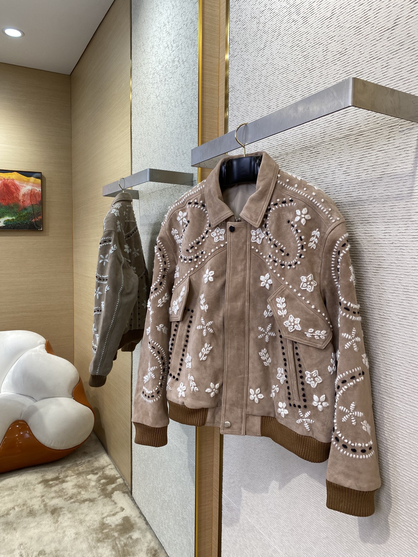 Thick wool 3D embroidered leather jacket
