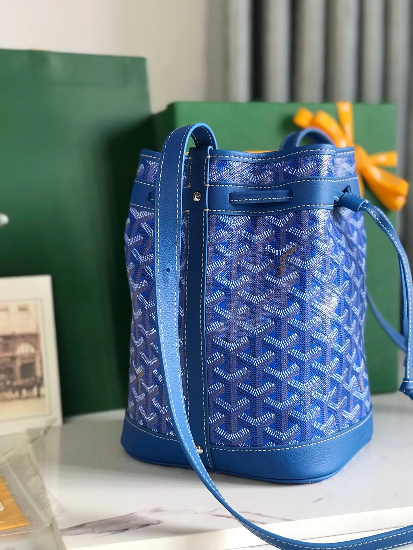 Blue Lambskin Trim Bucket Bag