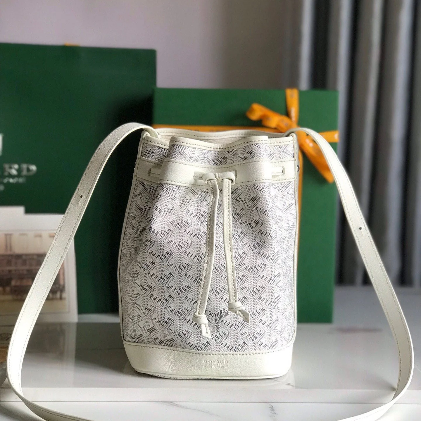 White Lambskin Trim Bucket Bag