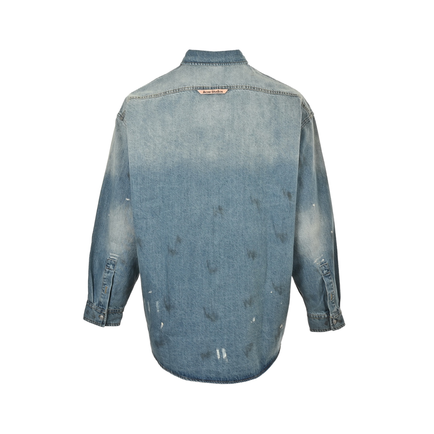 Ink-splashed button-down denim shirt