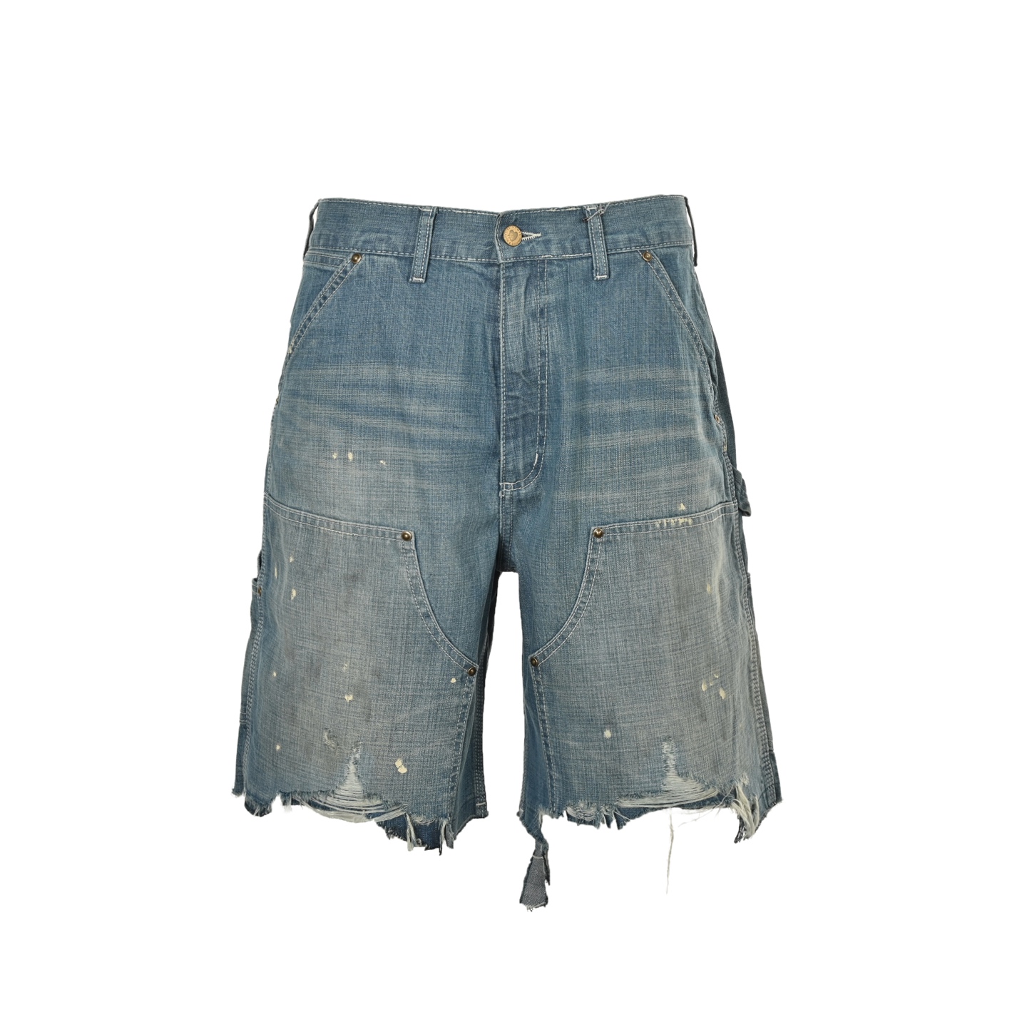 Ink-splattered raw-edge lumberjack denim shorts