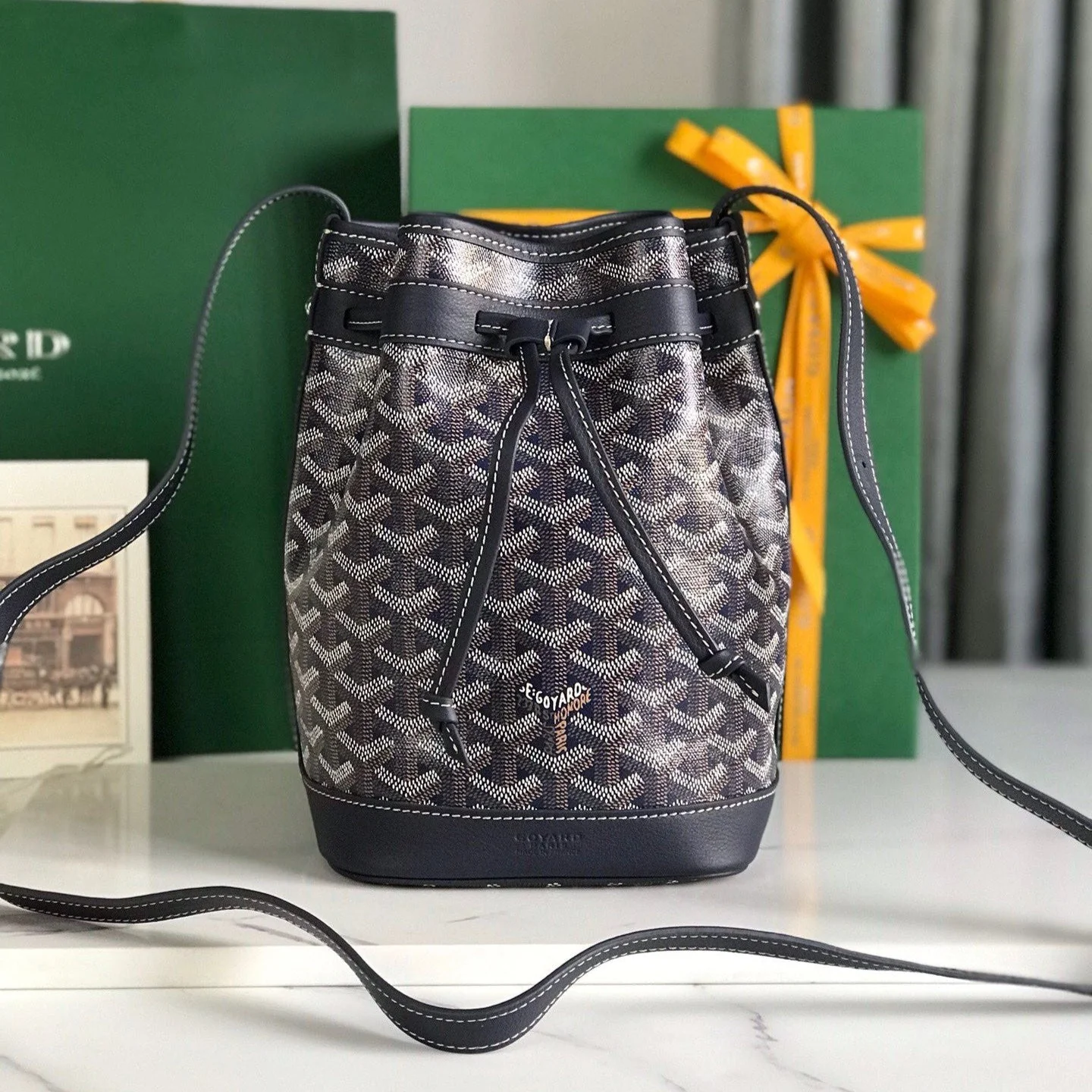 Navy Blue Lambskin Trim Bucket Bag