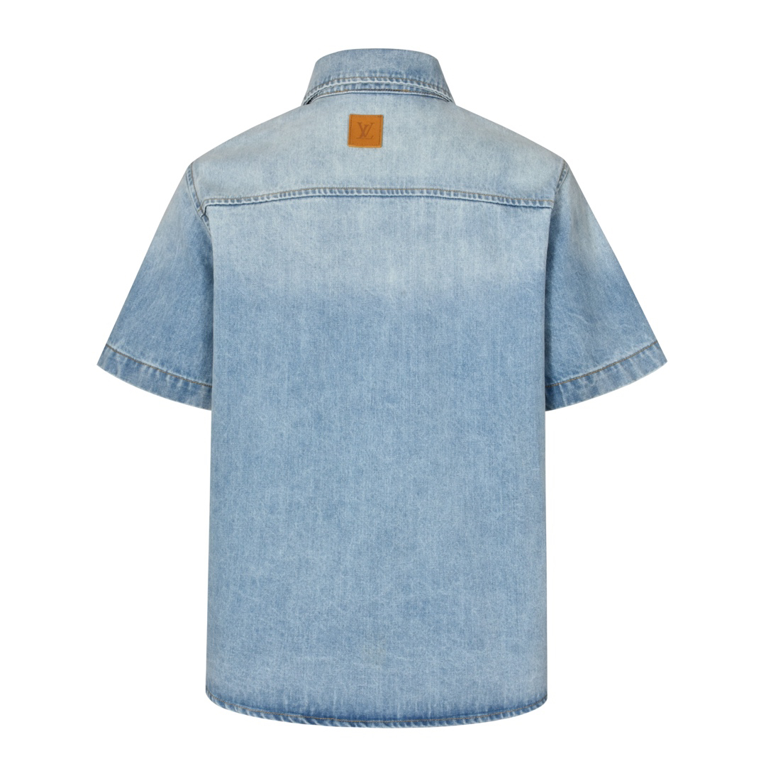 Embroidered Pocket Short Sleeve Denim Shirt