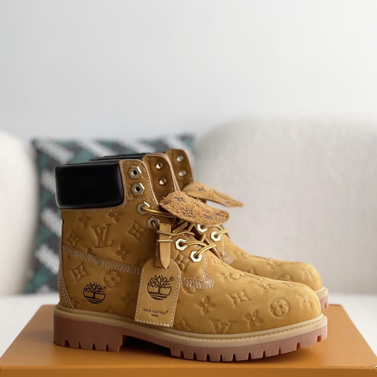 Wheat colored letter ankle boots