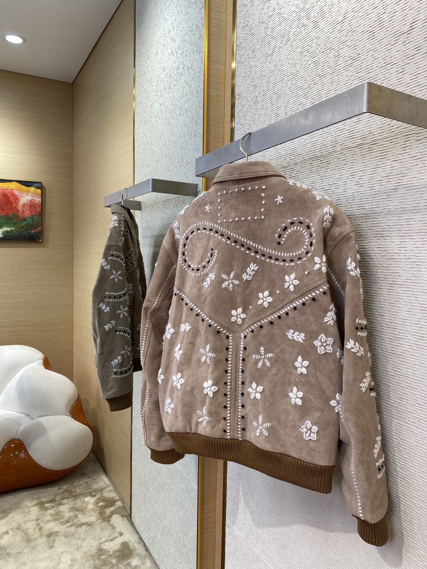 Thick wool 3D embroidered leather jacket