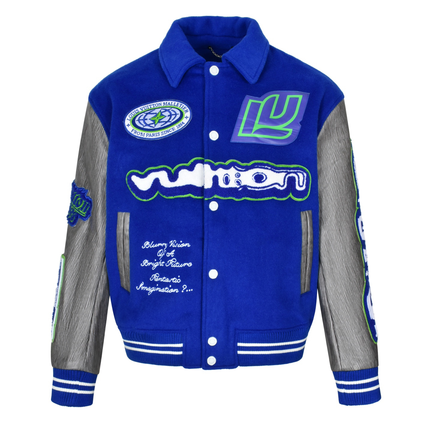Royal Blue Embroidered Leather Sleeve Baseball Jacket