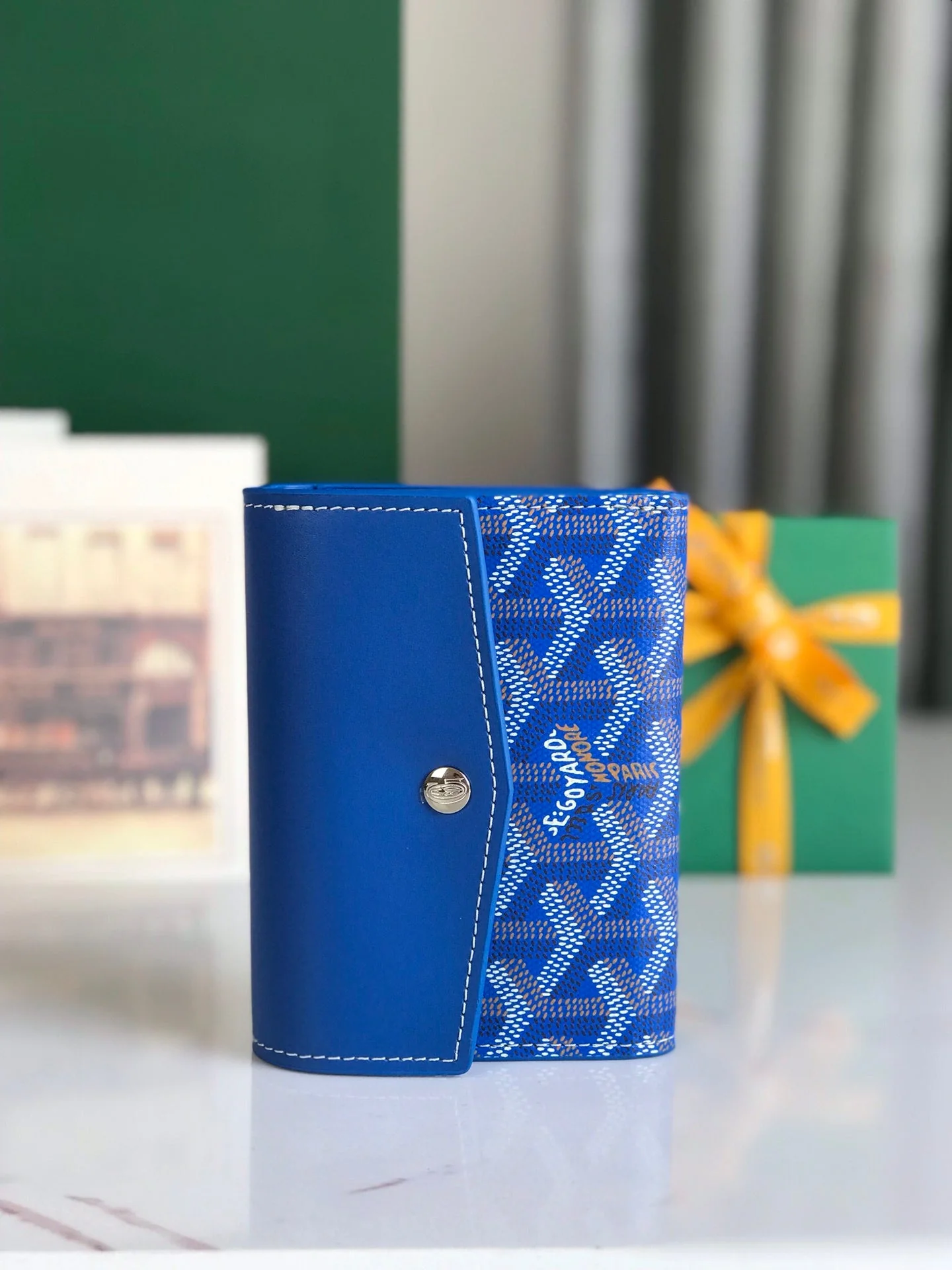Blue Calfskin Canvas Card Holder