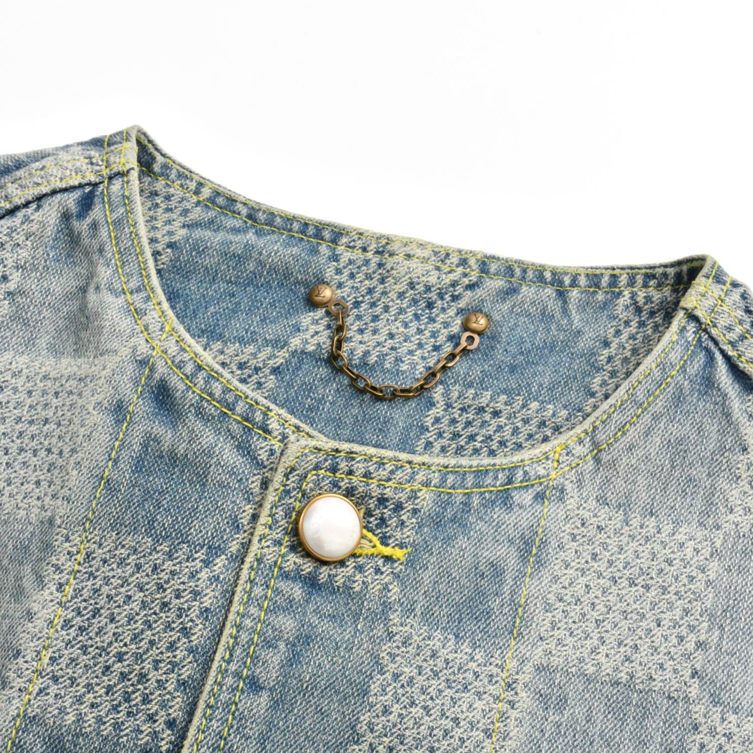 Checkerboard collarless denim jacket