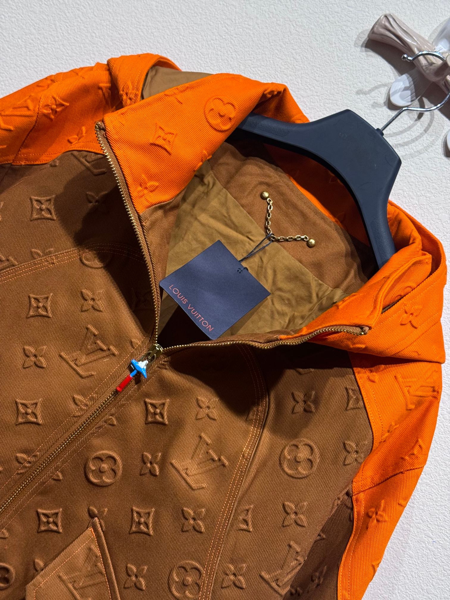 Orange Embossed Hooded Denim Jacket