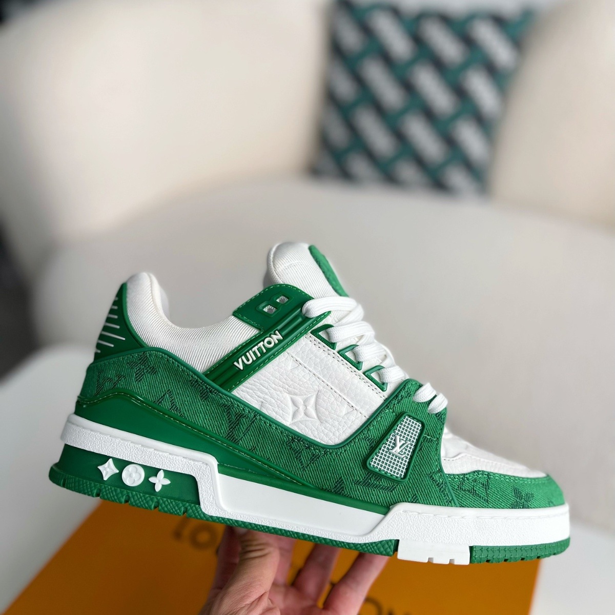 Green Monogram Denim White Sneakers