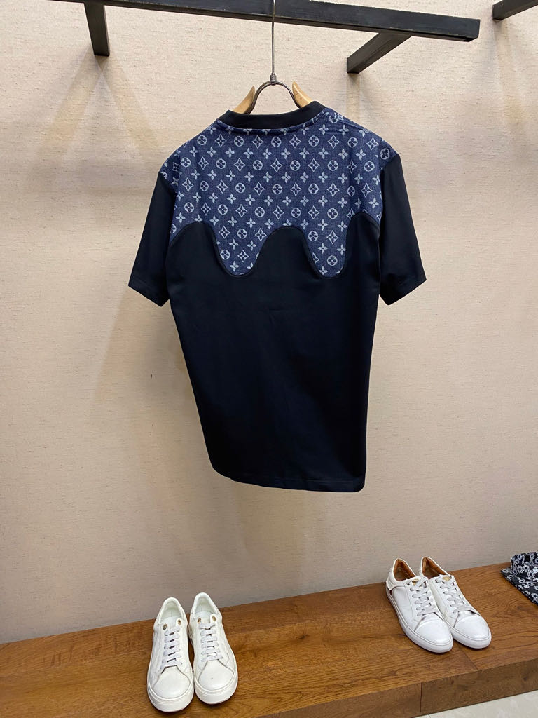 Monochrome wave stitching round neck T-shirt