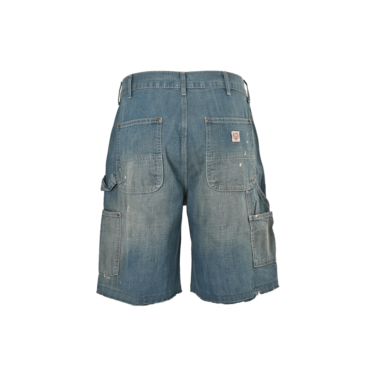 Ink-splattered raw-edge lumberjack denim shorts