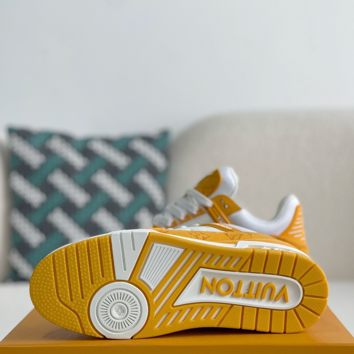 Yellow denim and white sneakers