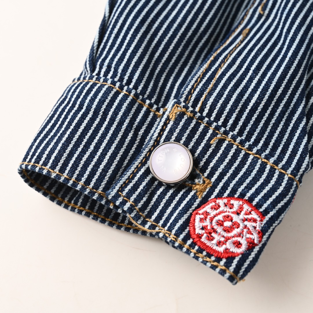 Sakura Embroidery Vertical Striped Denim Jacket
