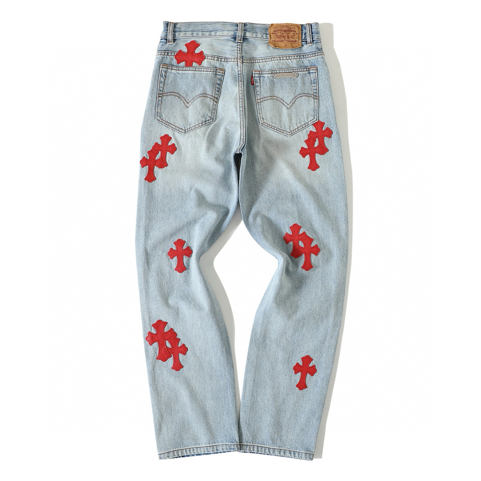 25SS Red Cross Patch Leather-Appliqué Jeans