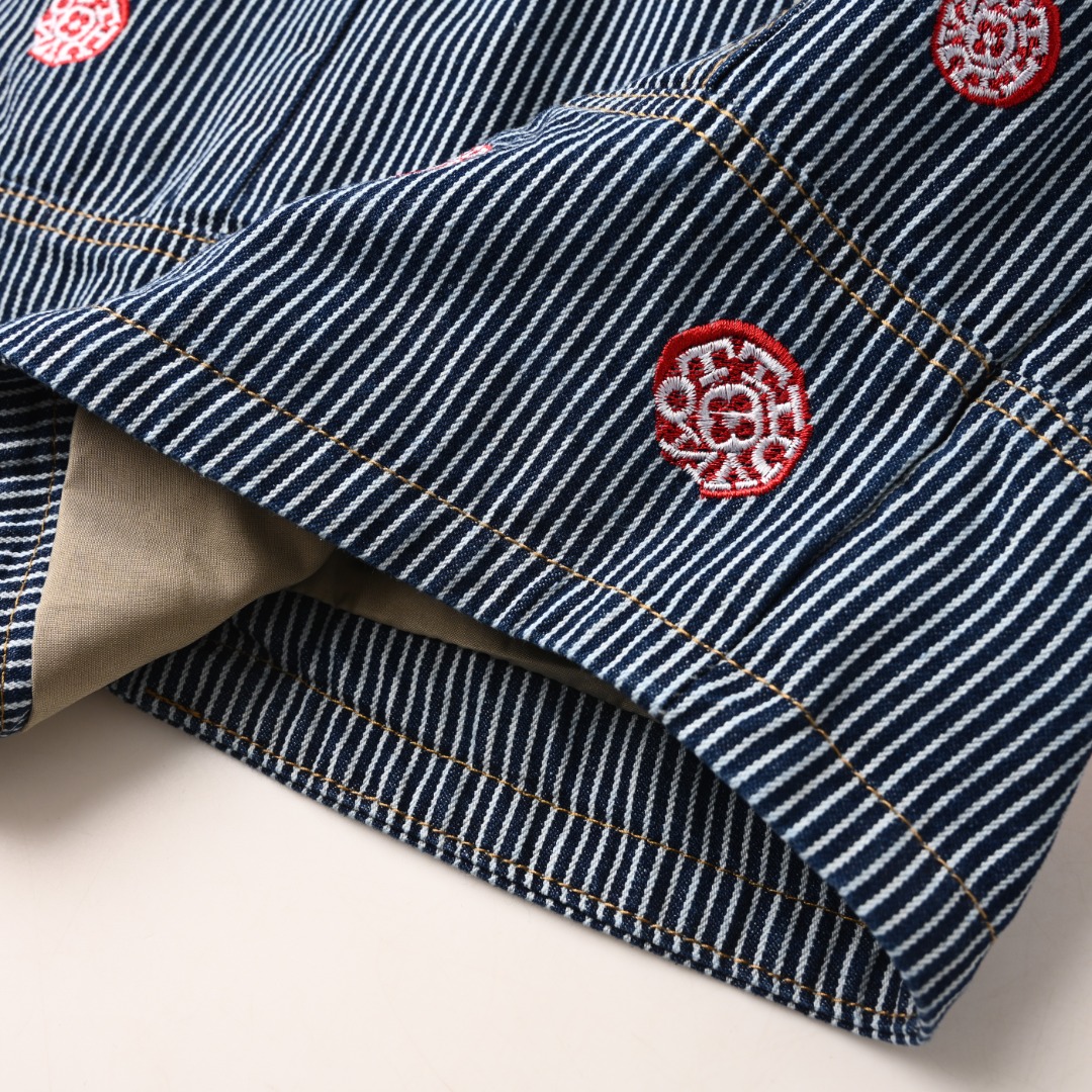 Sakura Embroidery Vertical Striped Denim Jacket