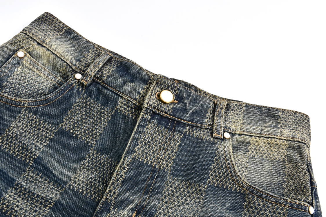 Checkerboard distressed denim trousers