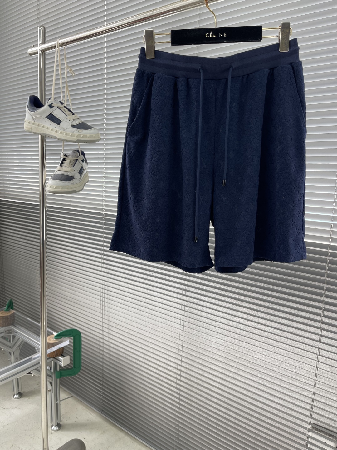 Blue Cotton Terry Jacquard Casual Shorts