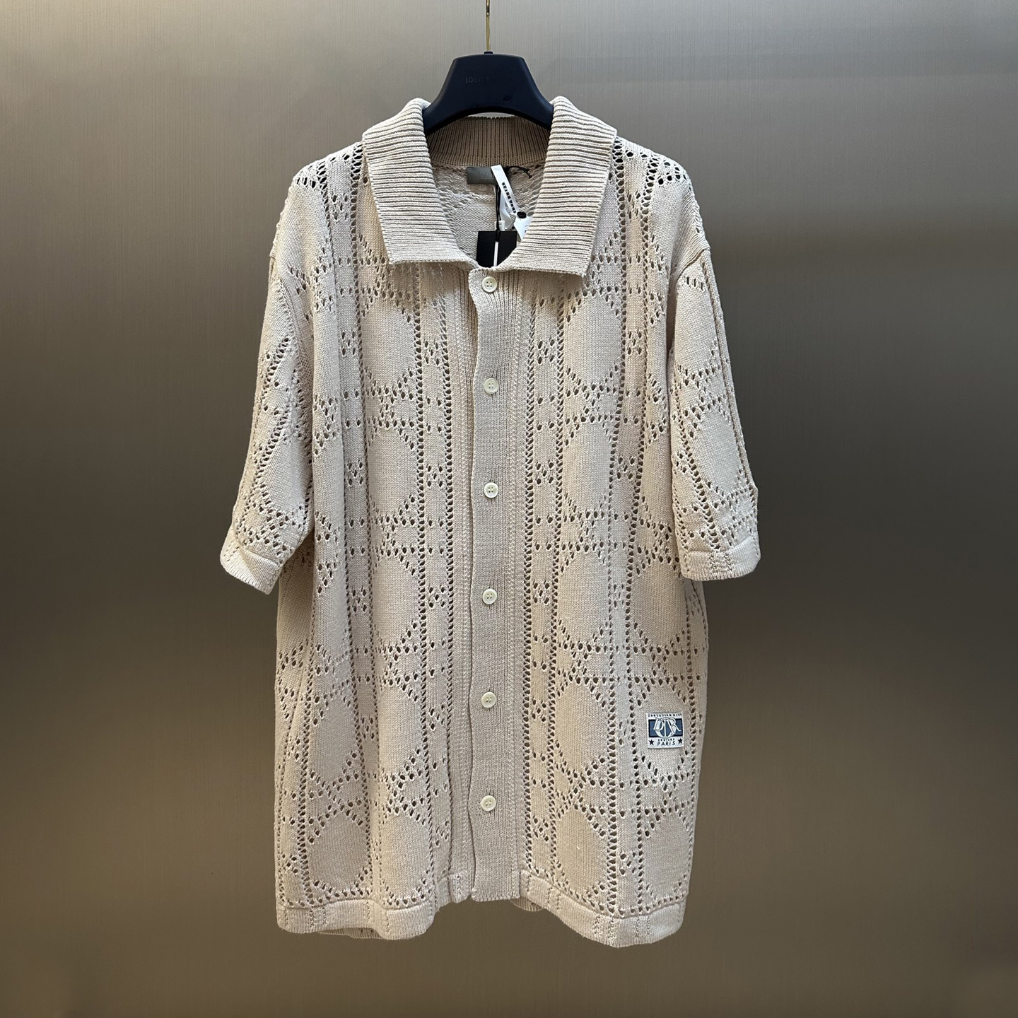 Letter Appliqué Hollow-Out Knit Short-Sleeve Shirt