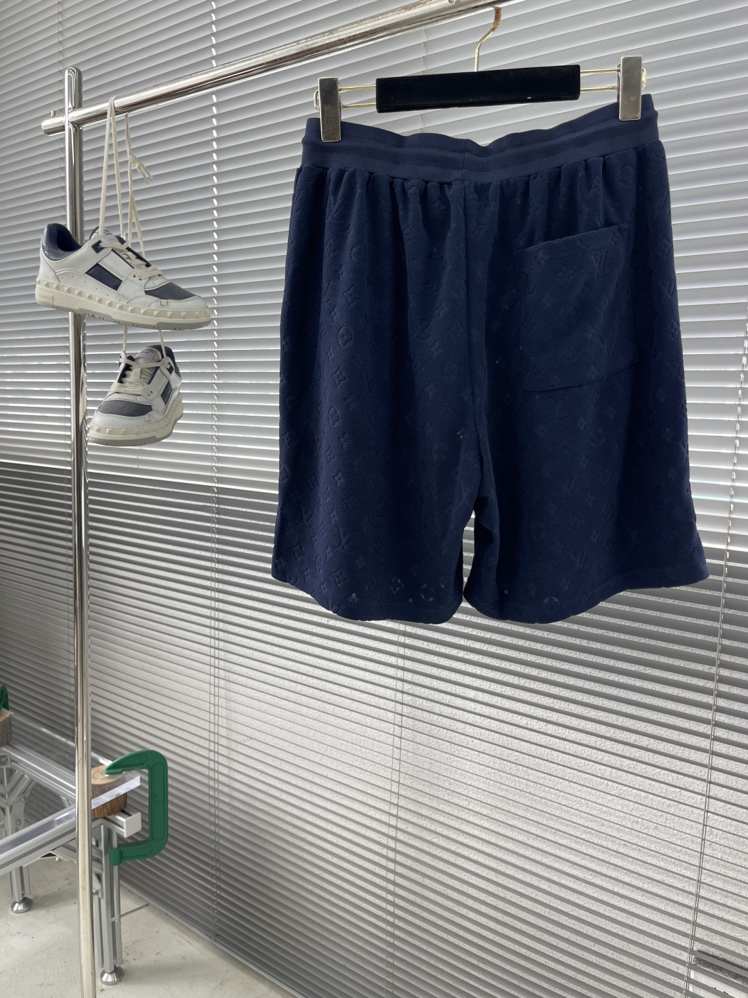 Blue Cotton Terry Jacquard Casual Shorts