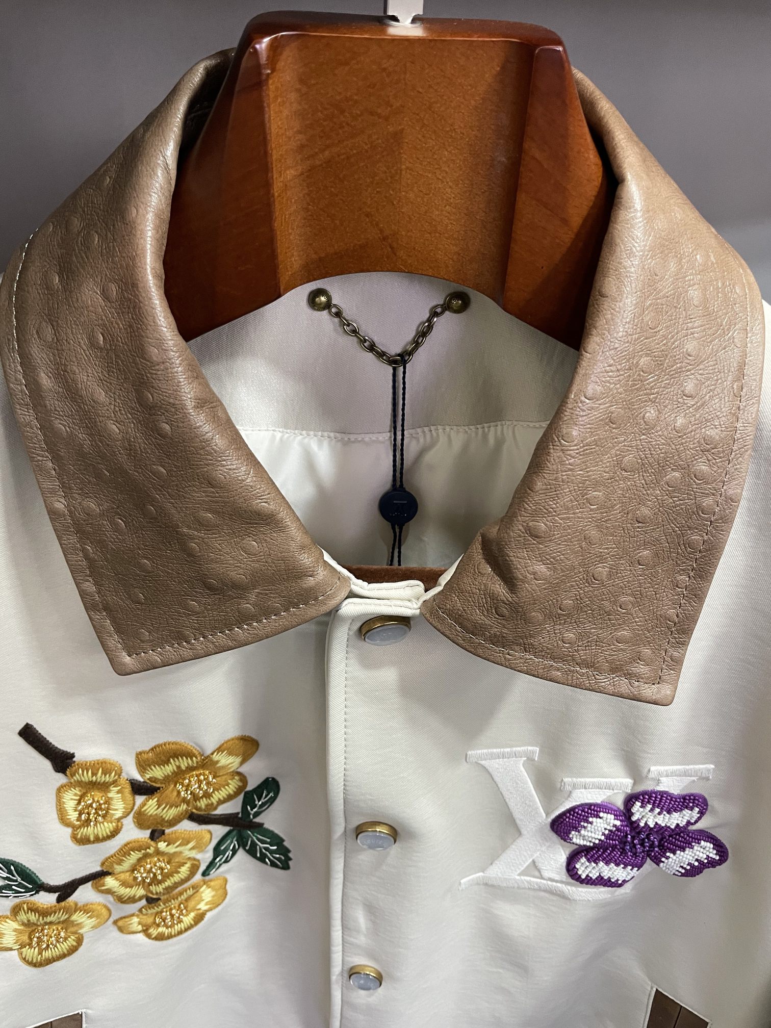 Hand-embroidered Wool And Ostrich Leather Baseball Jacket