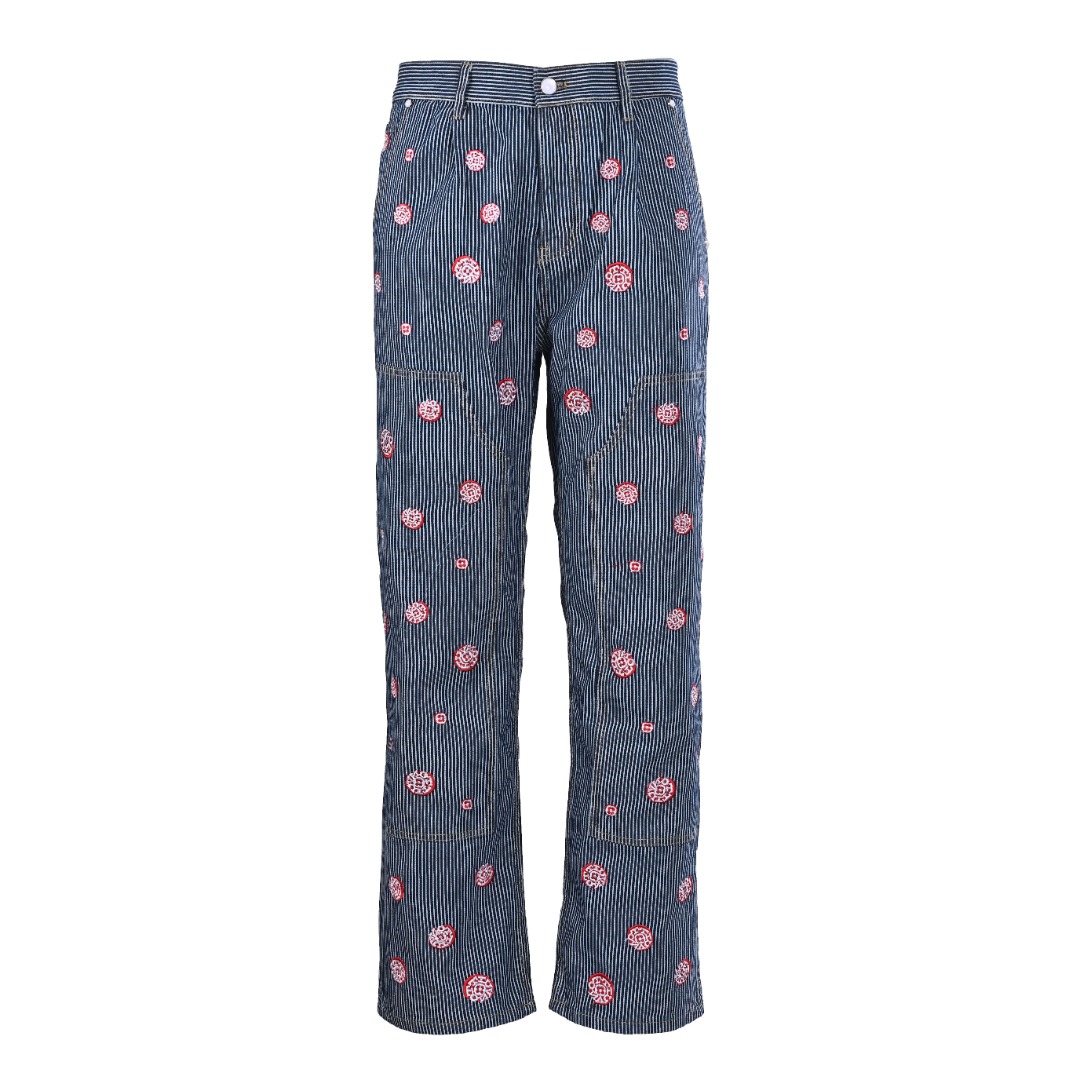 Sakura Embroidery Vertical Stripe Jeans