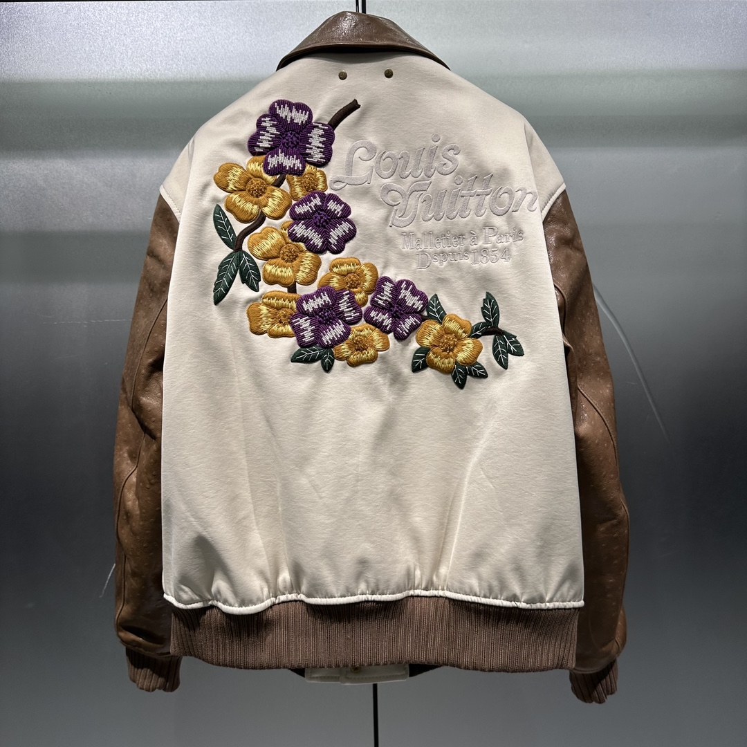 Hand-embroidered Wool And Ostrich Leather Baseball Jacket