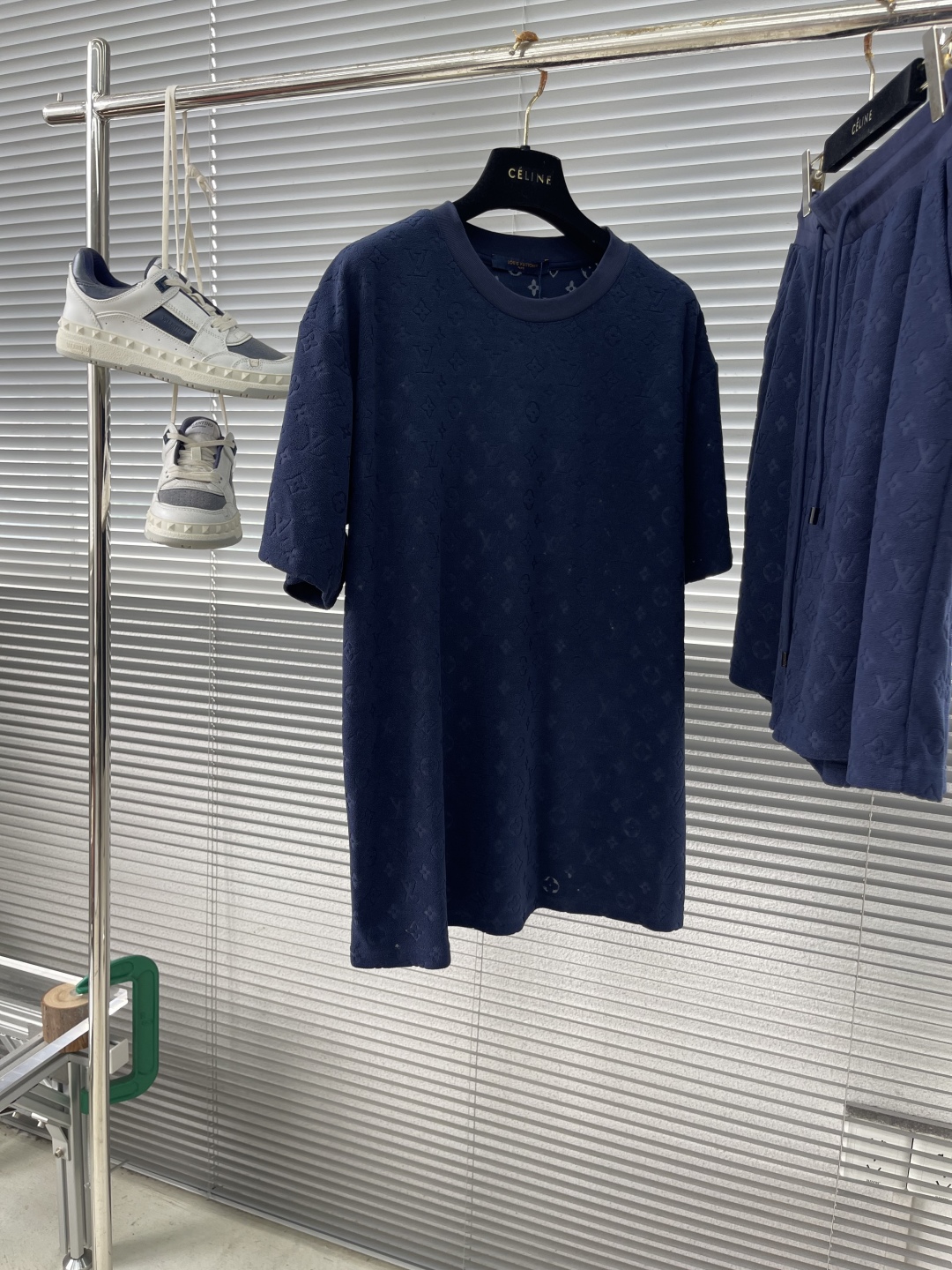 Blue Cotton Terry Jacquard Casual Shorts