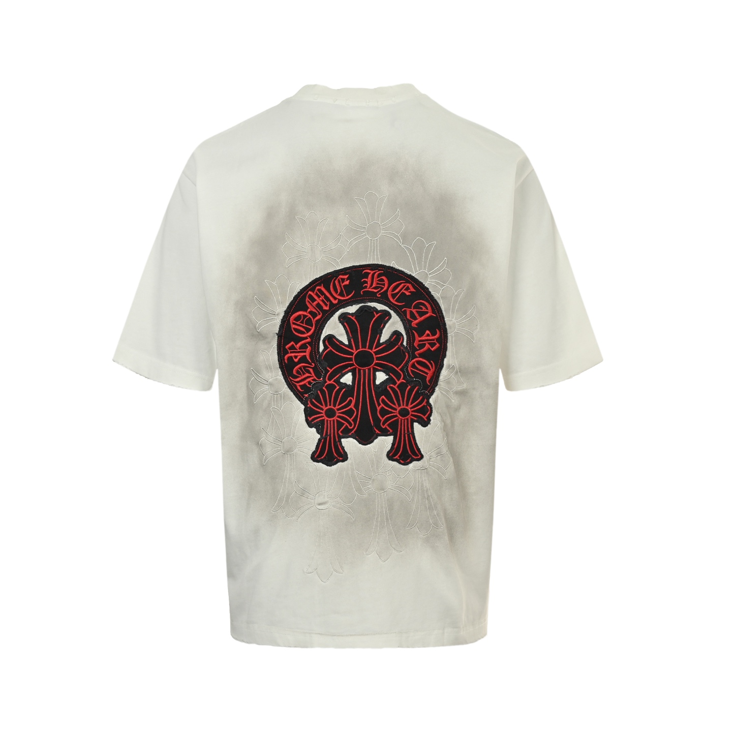 Red Label Cross Applique Embroidered Washed Distressed T-Shirt