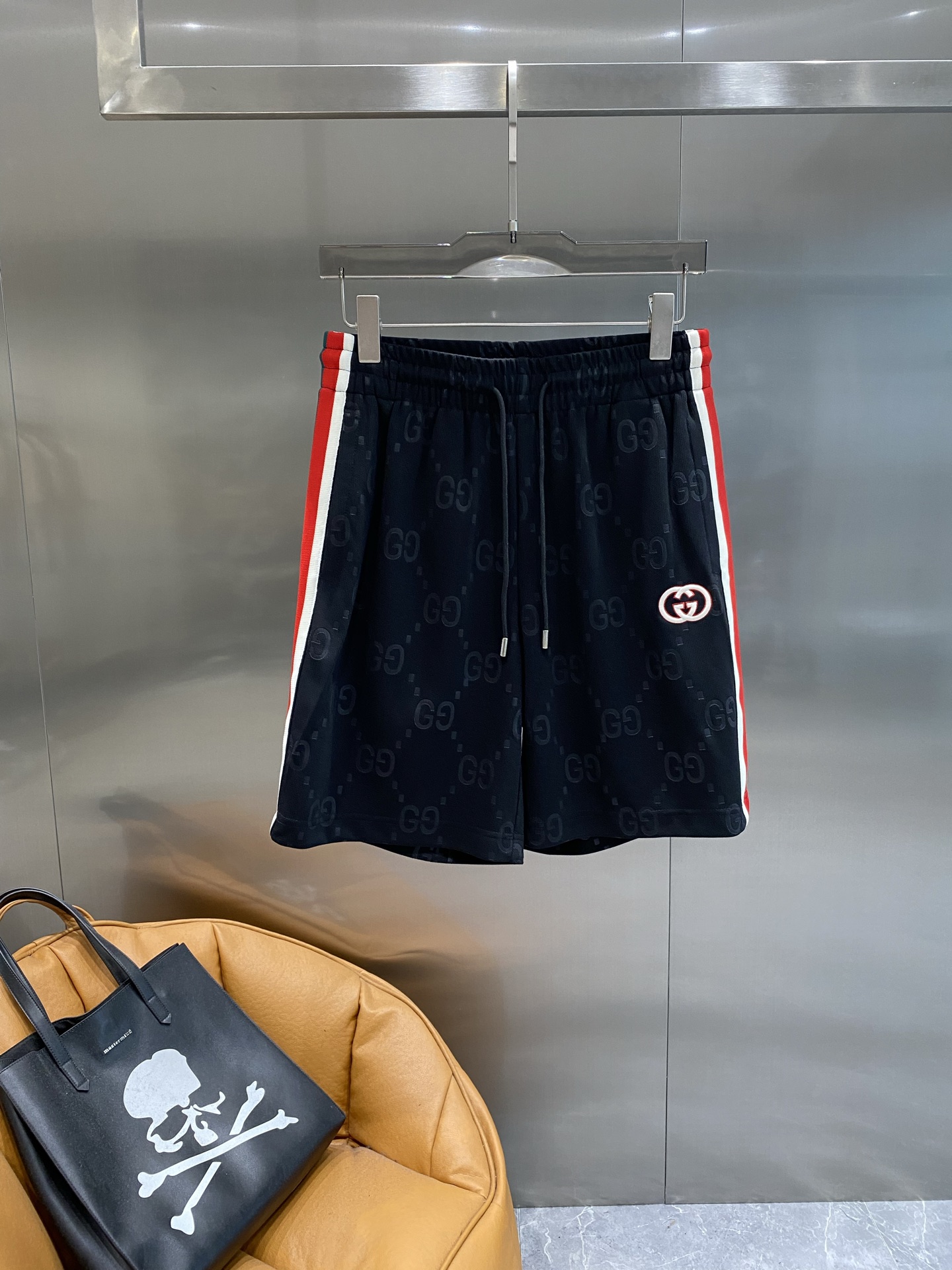 Red and white striped side panel shorts