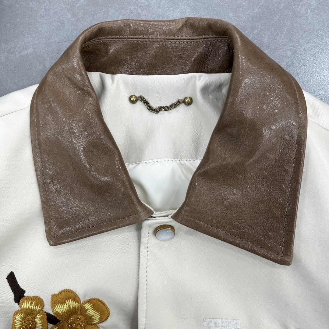 Hand-embroidered Wool And Ostrich Leather Baseball Jacket