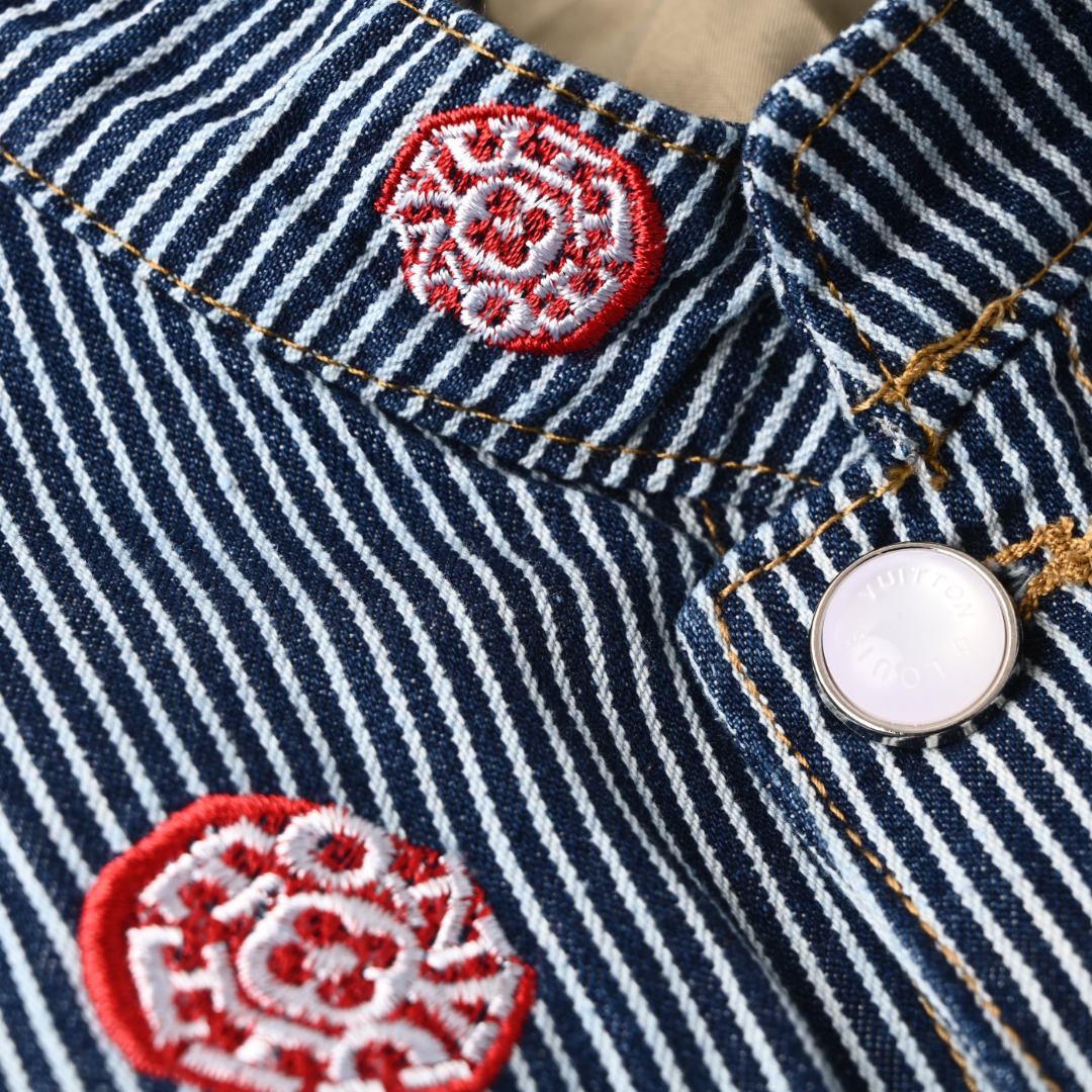 Sakura Embroidery Vertical Striped Denim Jacket
