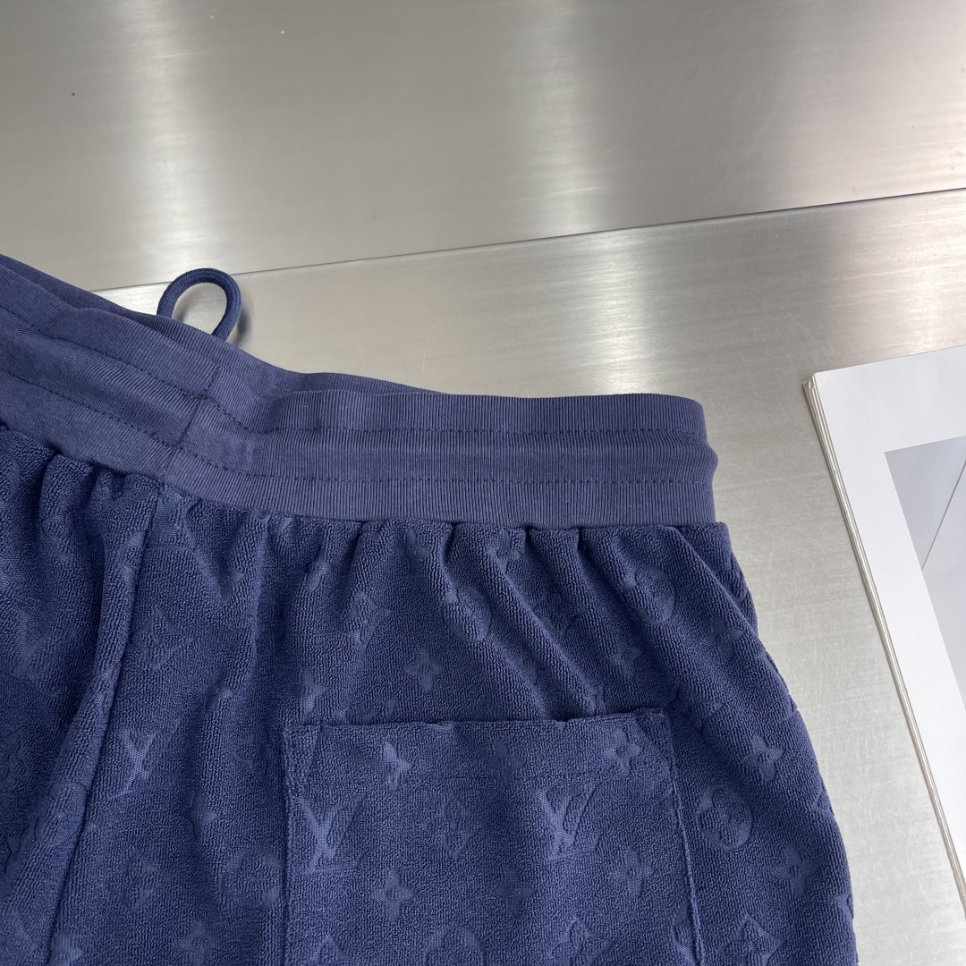 Blue Cotton Terry Jacquard Casual Shorts