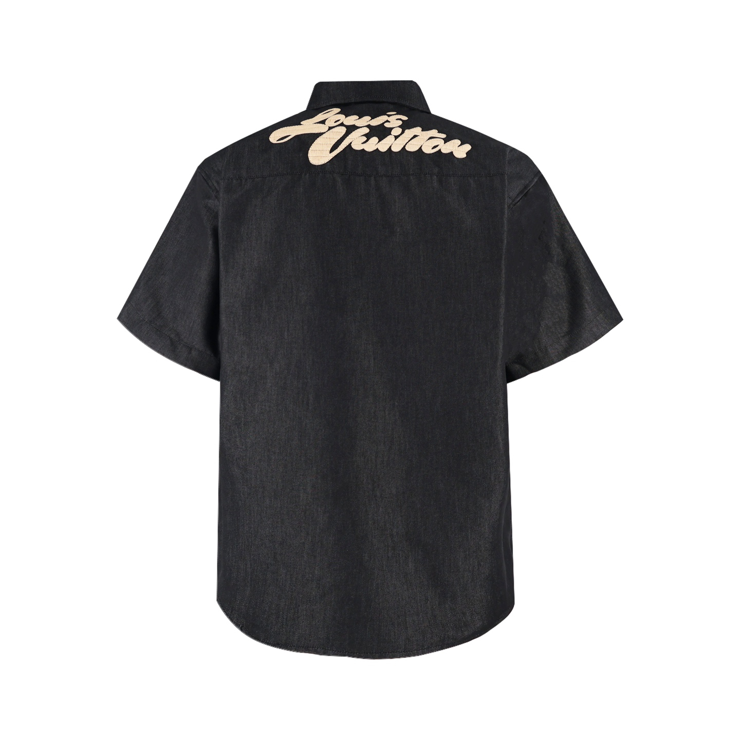 Raffia embroidered short-sleeved denim shirt