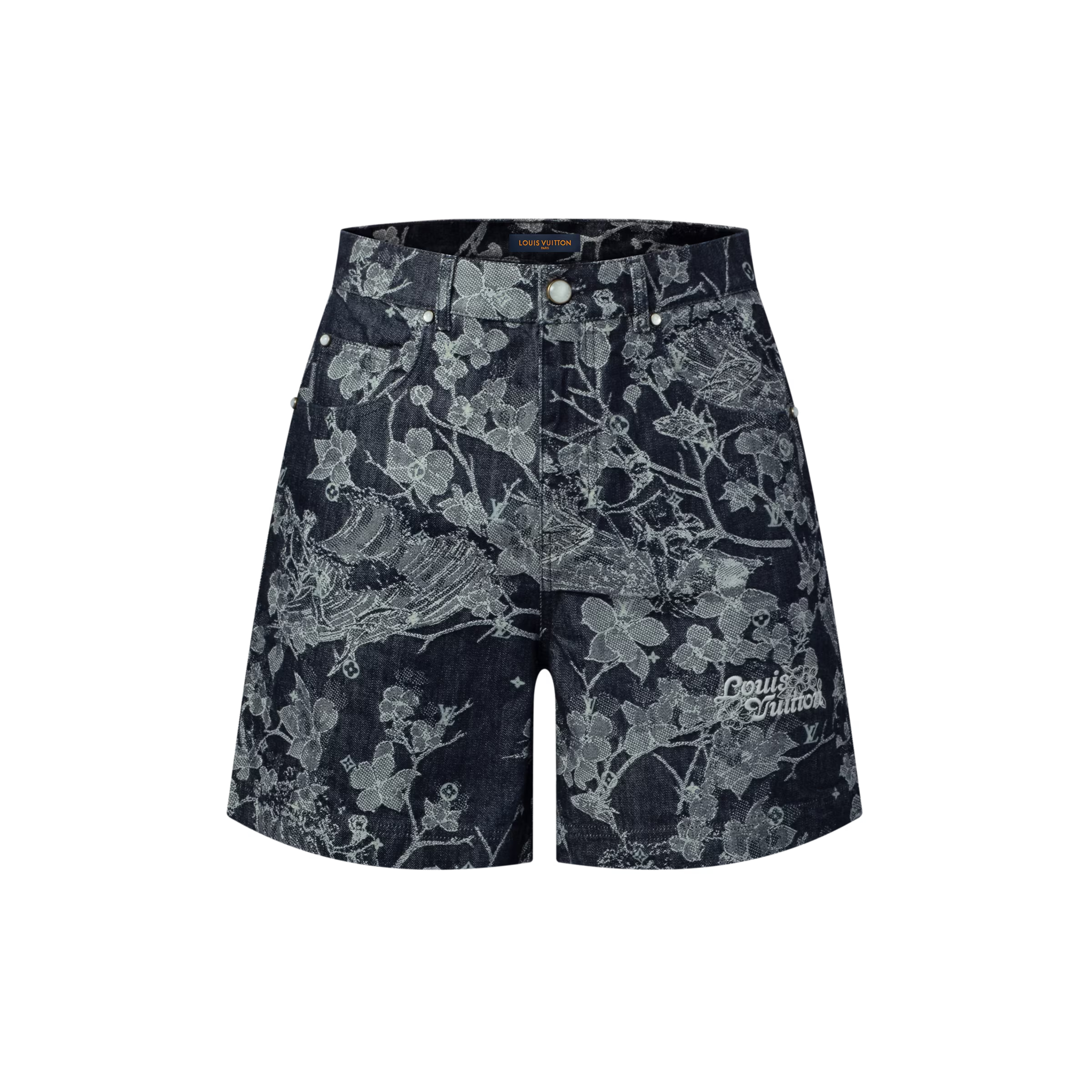 Floral embroidered denim shorts
