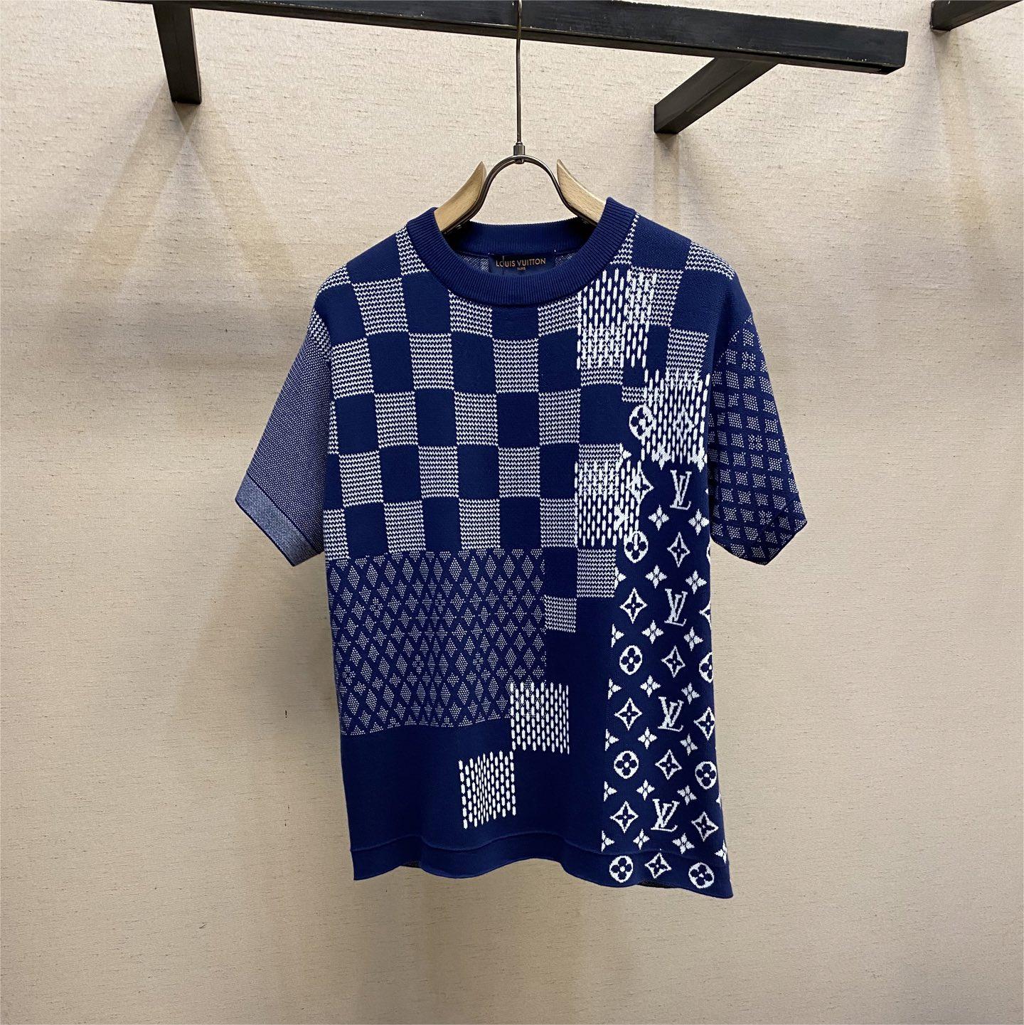 Jacquard Color-Block Checkered Knit T-Shirt
