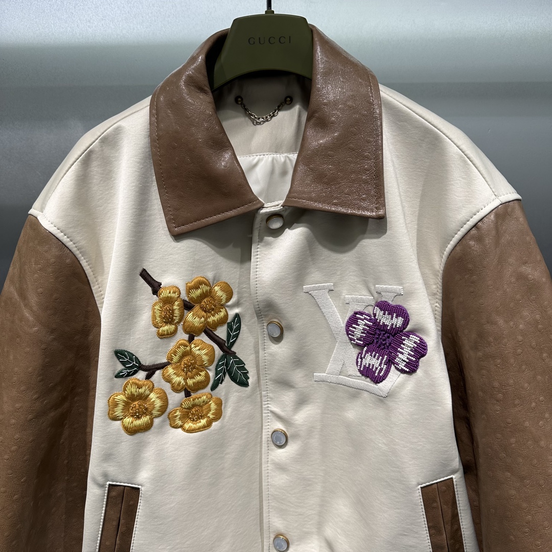 Hand-embroidered Wool And Ostrich Leather Baseball Jacket
