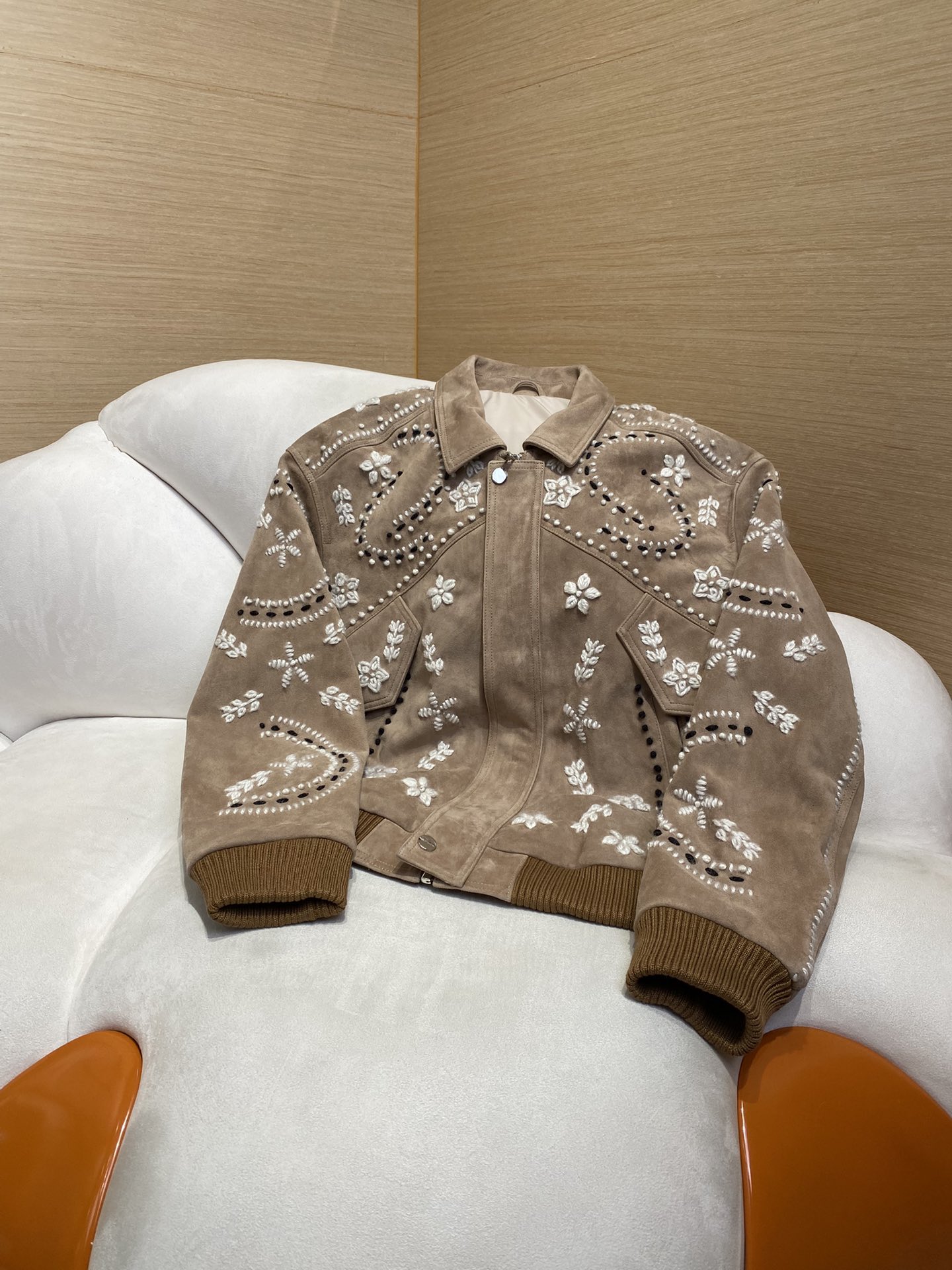 Thick wool 3D embroidered leather jacket