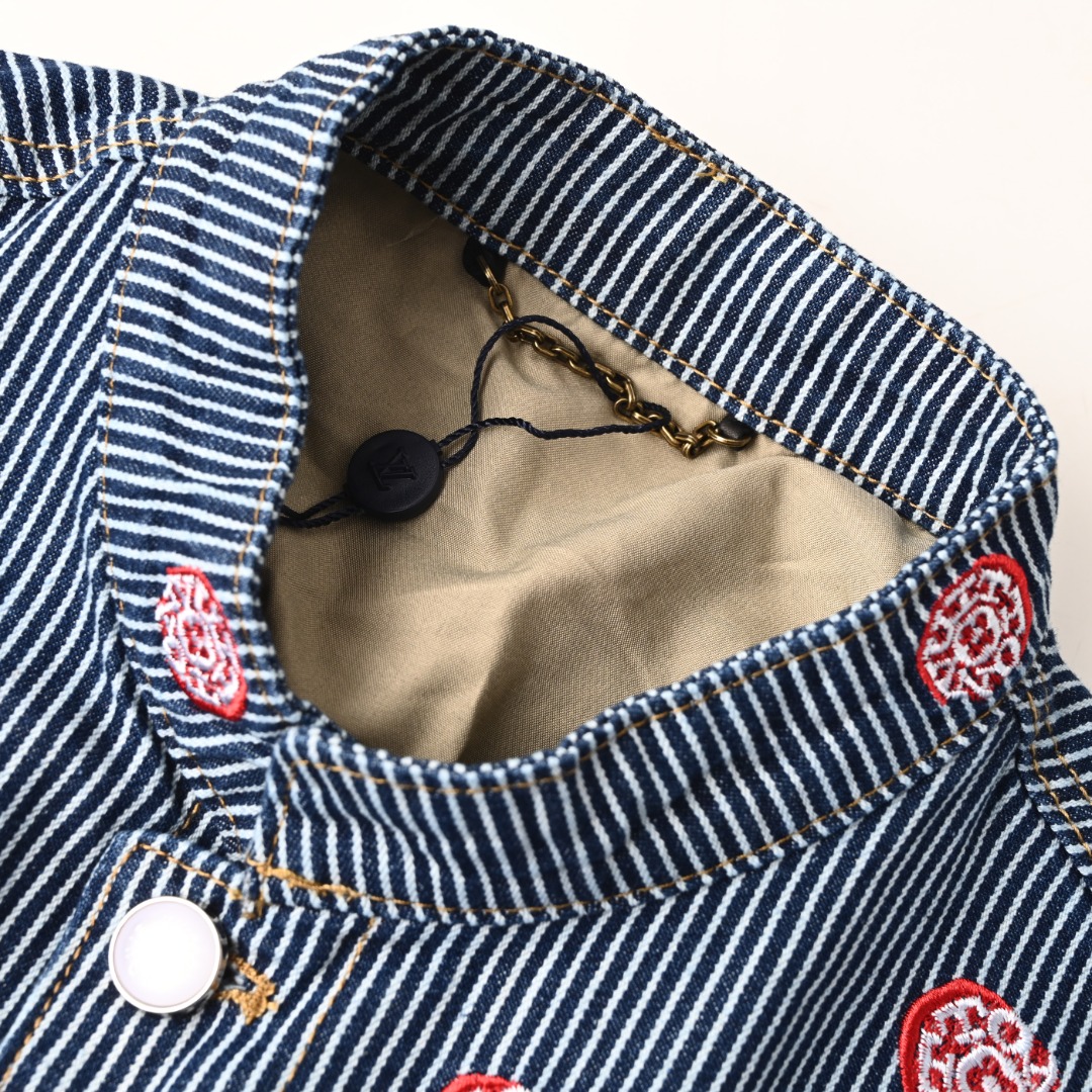 Sakura Embroidery Vertical Striped Denim Jacket